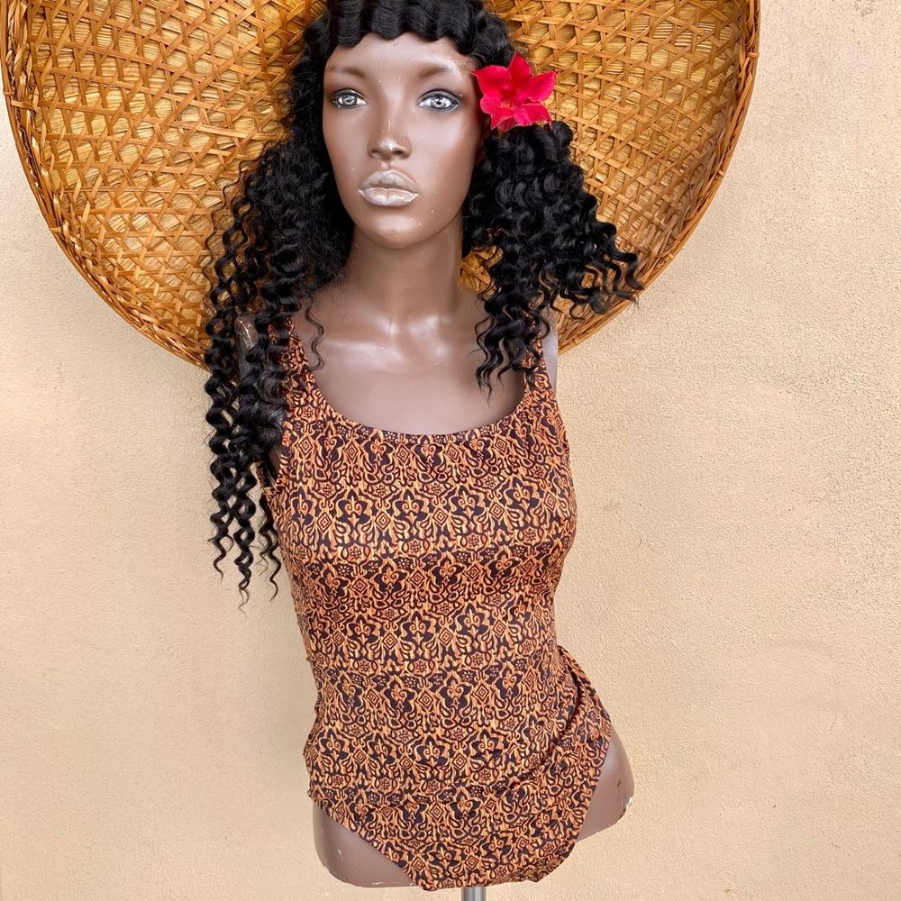 Vtg 80s COLE OF CALIFORNIA Earthtone Geo Print 10Low Back High Cut Swimsuit Boho